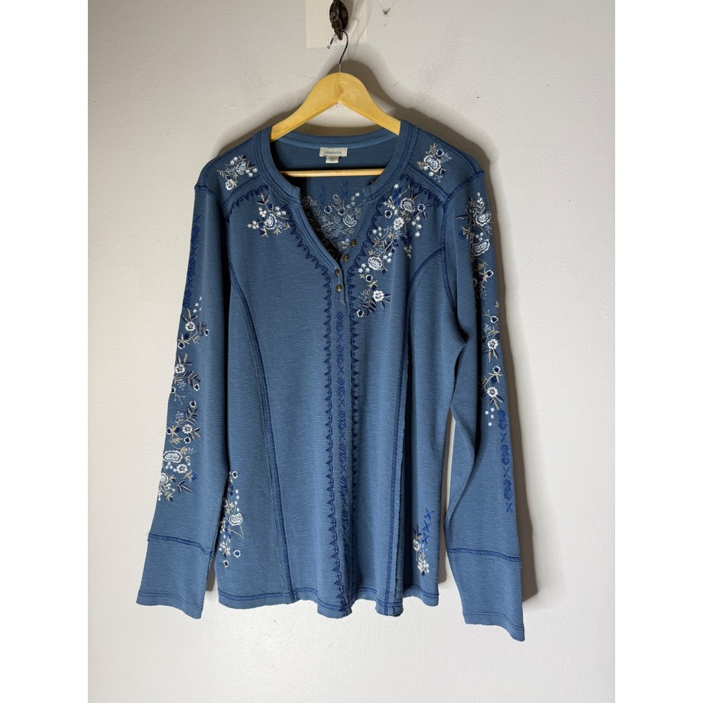 Sundance Blue Floral Embroidered Waffle Knit Thermal Top XXL